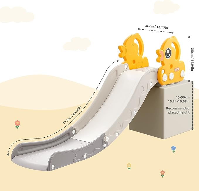 Indoor Kids Baby Couch Slide for Toddler 1-3, Sofa Slide Add-on Attachment for Bed Nugget Playgrounds, with Secure Base Guardrail, Gentle Slope Extended Buffer Zone, Fun Duck Design, Yellow