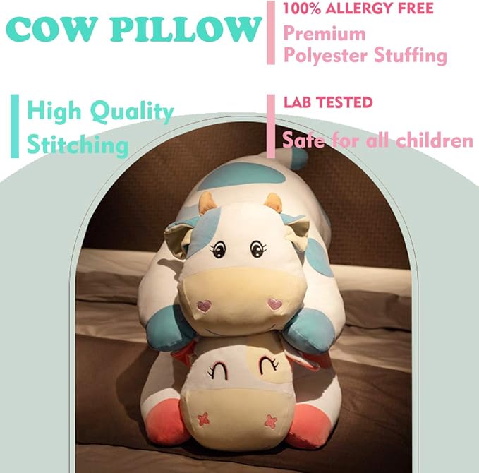ELAINREN Floppy Blue Dairy Cattle Plush Pillow Ultra-Soft Mik Cow Stuffed Animals Toy Fluffy Farm Calf Plushie Cushion Decor Gifts/25.6''