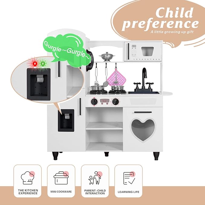 TaoHFE Wooden Kitchen Playset for Toddlers - Kitchen Toy Set with Lights & Sounds for Pretend Play, Gift for Kids Age 3+ (White)