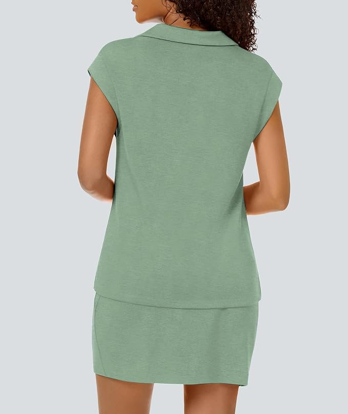 Casly Lamiit Womens Two Piece Skirt Sets Casual Cap Sleeve Lapel V Neck Tops Summer Travel Outfits Short Tennis Skort Set