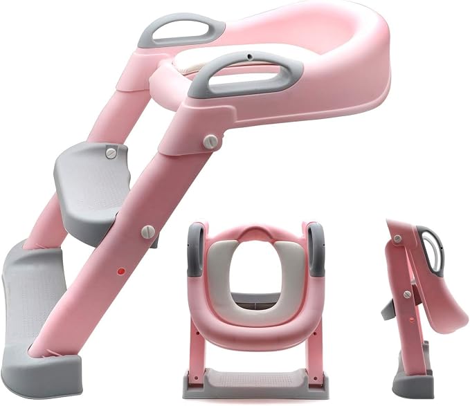 SMT- Classic Potty Training Toilet Ladder Seat With Upgraded Cushion Step Stool Ladder Toilet Chair/Toilet Trainer for Baby Toddler Kids Children In Pink [P/N: ET-BABY002-PINK-C]