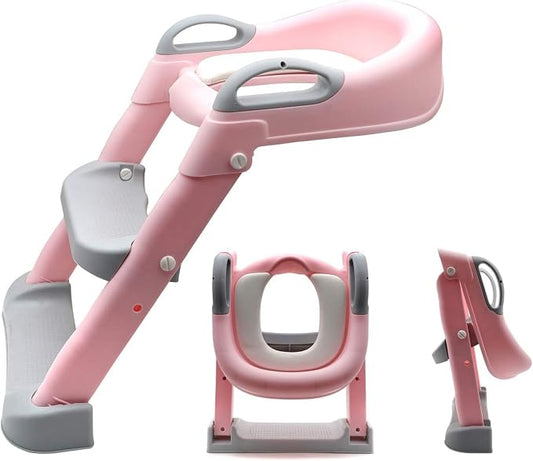 SMT- Classic Potty Training Toilet Ladder Seat With Upgraded Cushion Step Stool Ladder Toilet Chair/Toilet Trainer for Baby Toddler Kids Children In Pink [P/N: ET-BABY002-PINK-C]