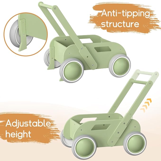 HOMEKOL Wooden Baby Push Walker, Green | Adjustable Height, with Rubber Wheels, for Boys and Girls, Gift for Birthday, Christmas and New Year