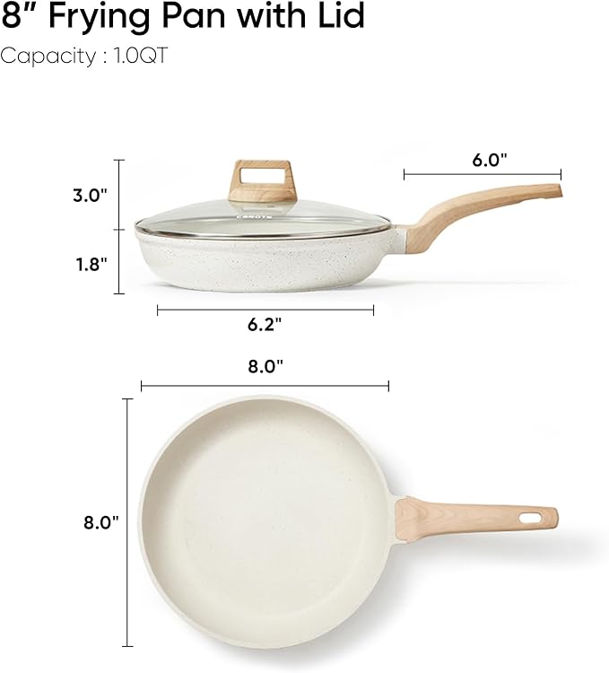 CAROTE Non Stick Frying Pan, 8 Inch Classic Granite Skillet with Glass Lid | Non Toxic Kitchen Stone Cookware, Compatible with All Stovetop, PFOA Free, Cream White