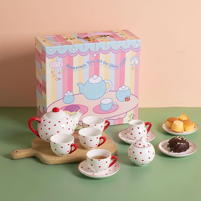 Sweejar Porcelain Tea Set for Little Girls,Kitchen Toys Tea Party Set for Kids Toddler Kitchen Pretend Toy Include Children Teapot, Cup & Saucer Set of 4, Sugar Bowl and Cream Pitcher(Love)