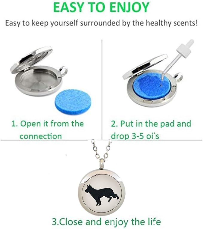 Aromatherapy Essential Oil Diffuser Stainless Steel 30MM Silver Magnetic Locket Pendant 2 Sizes Chain Necklace, Refill Pads & Diffuser Bracelet in a Velvet Bag (Dog)