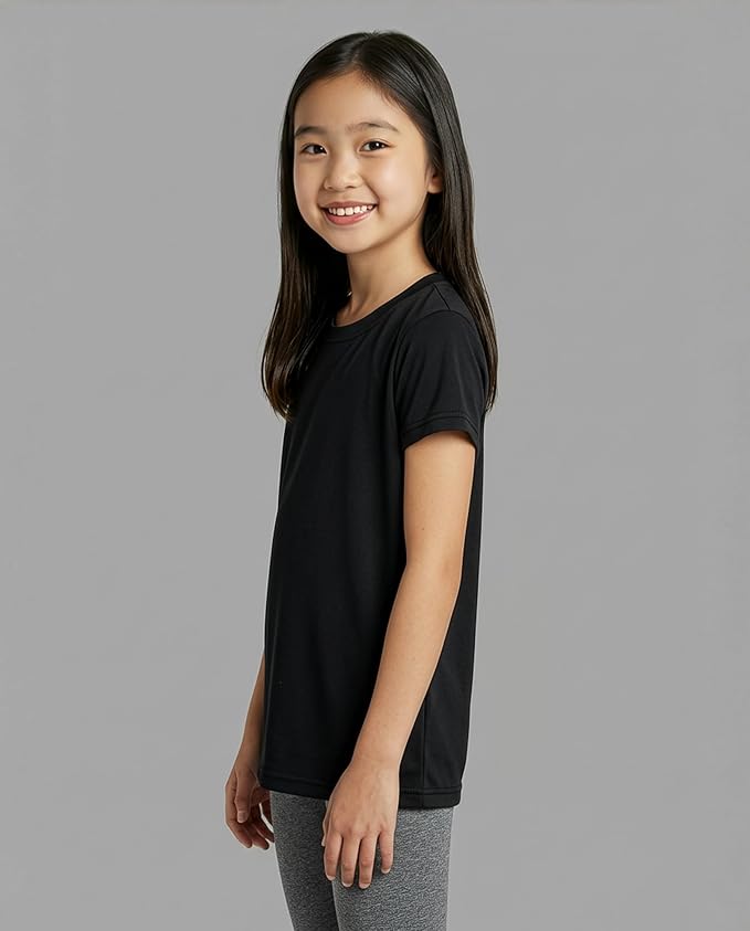 Real Essentials 5 Pack: Girls' Short Sleeve Dry-Fit Athletic T-Shirt - Active Gym Crew Neck Tops for Teens Kids (Ages 4-16)