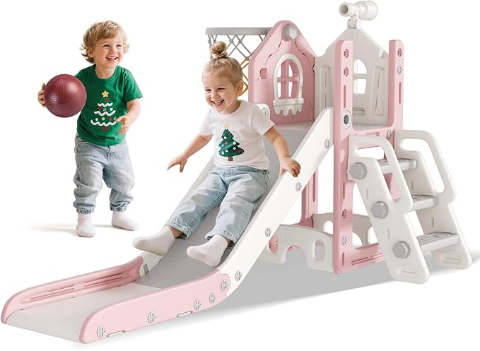 BIERUM 6 in 1 Toddler Slide - L-Shaped Baby Slide for Toddlers Aged 1-3 with Basketball Hoop, Telescope Toy and Anti-Slip Pads, Indoor Outdoor Toddler Playset, Pink Gray