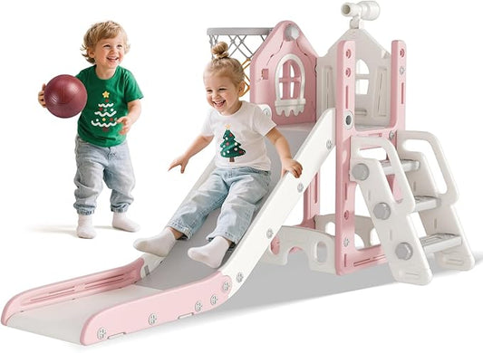 BIERUM 6 in 1 Toddler Slide - L-Shaped Baby Slide for Toddlers Aged 1-3 with Basketball Hoop, Telescope Toy and Anti-Slip Pads, Indoor Outdoor Toddler Playset, Pink Gray