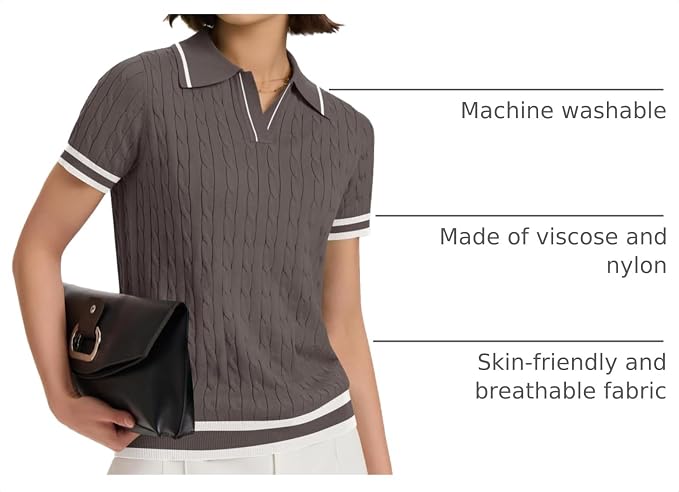 Micoson Womens Short Sleeve Sweater Tops Lapel V Neck Polo Shirts 2026 | Summer Cable Knit Loose Blouses, Business Casual Outfits