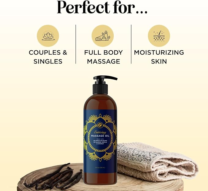 Luxurious Vanilla Massage Oil for Couples - Easy Glide Non Greasy Sweet Vanilla Sensual Massage Oils for Date Night with Silky Smooth Sweet Almond Oil Coconut and Jojoba - Vegan Non GMO & Gluten Free