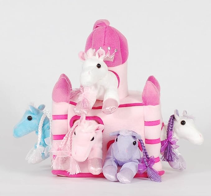 Pink Horse Castle with 5 Plush Horses and Bonus 5 Mini Horse Figures