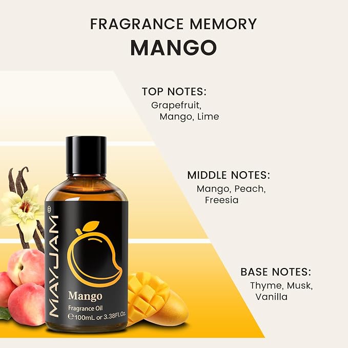 MAYJAM Mango Fragrance Oil Essential Oils for Diffusers for Home, 3.38FL.OZ | Long Lasting Scented Oils for Soap Making, Mango Essential Oil for Candle Making