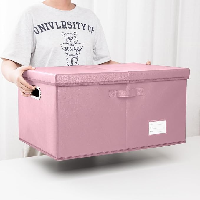 Collapsible Storage Box with Lid [3-Pack] Leather Fabric Foldable Storage Bin Organizer Container Basket Cube with Cover for Home Bedroom Closet Office Nursery Pink(22.8X15.7X11.8)