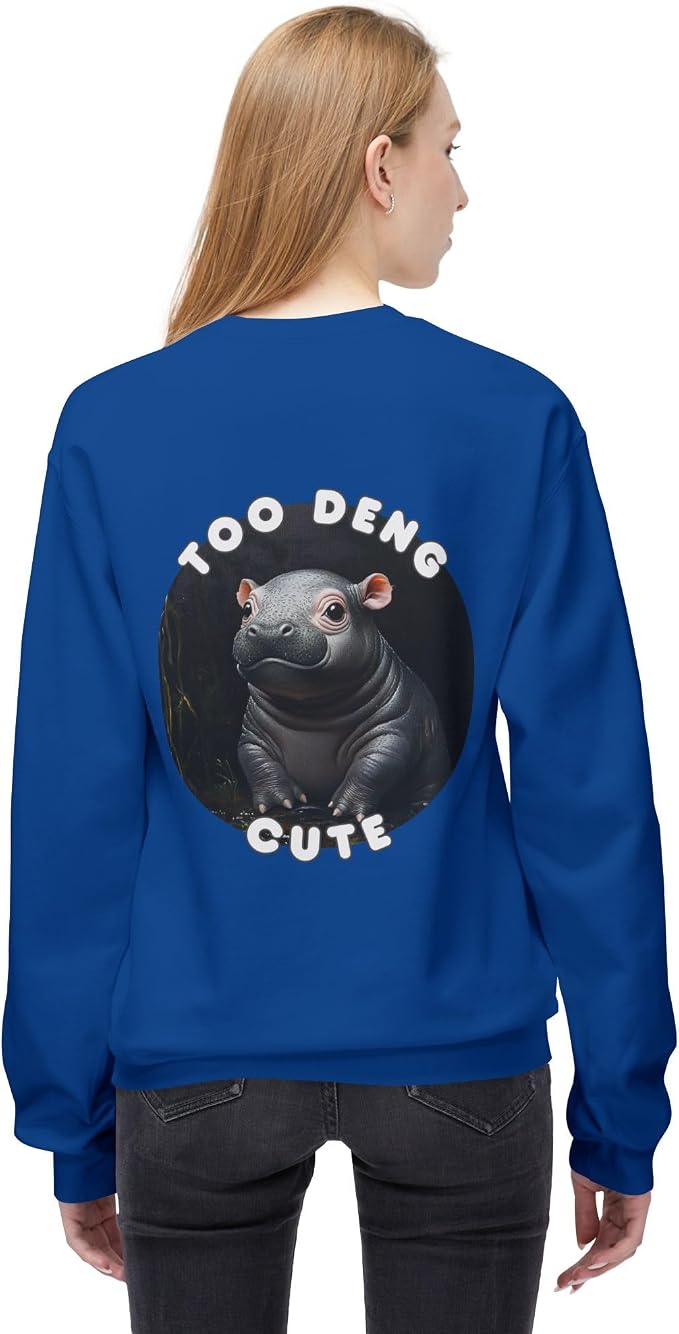 Unisex Fleece Crewneck Sweatshirt - Too Deng Cute Moo Deng Hippo, Cozy Cotton Blend, Classic Relaxed Fit
