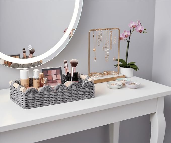 CubesLand Toilet Paper Storage Basket Organizer, Small Wicker Decor Basket | Toilet Tank Top Decorative Basket for Countertop, Handwoven Scalloped Basket W/Handle for Home Decor Living Room, Grey