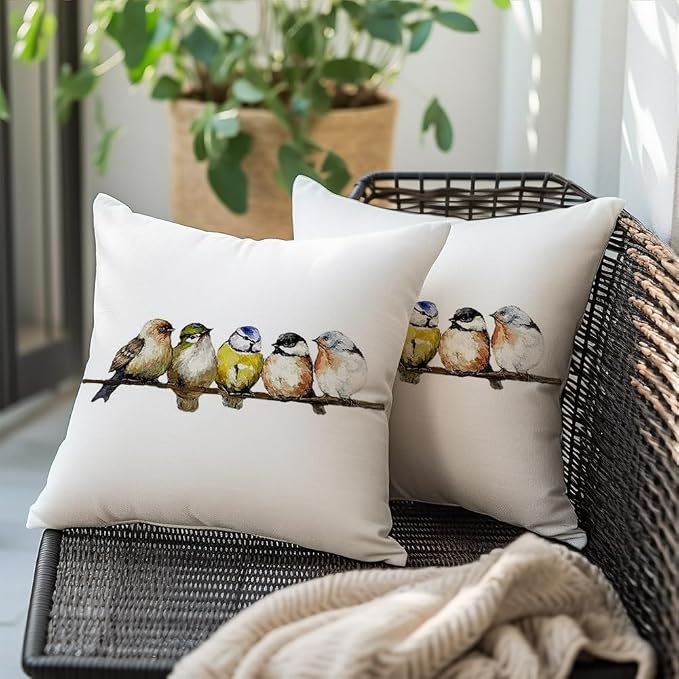 RABUSOFA Spring Summer Pillows Decorative Throw Pillows 20x20,Large Outdoor Bird Pillow Covers,Single Watercolor Hand-Painted Oil Painting Rustic Birds Square Pillow Cases for Couch Sofa