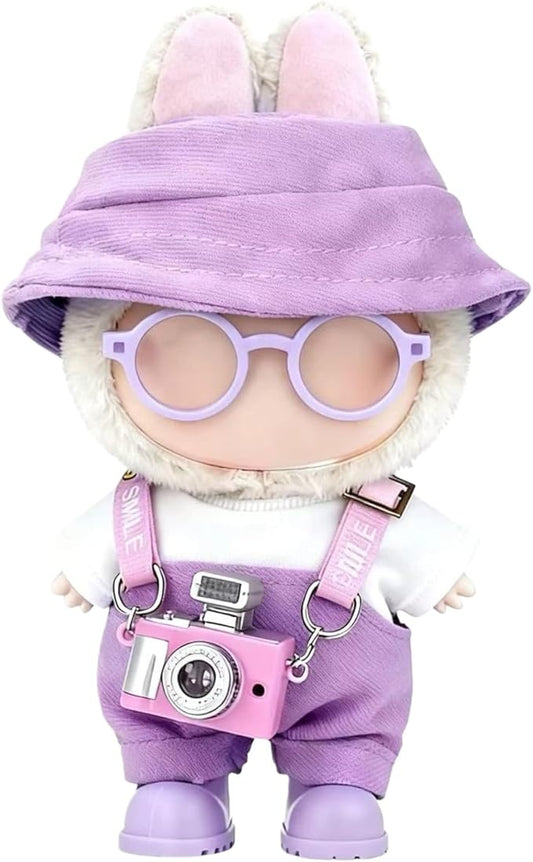 17cm Clothes Set(NO Doll), Hat & Overalls & Shirt & Shoes & Glasses & Camera Set for 17cm Accessories Suit, Stylish Dolls Clothes Accessories, Cute Clothes for Dress up Unique Style (Purple)