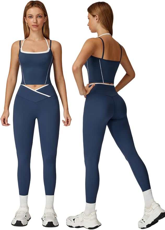 ABOCIW Workout Sets for Women 2 Piece Color Block Strappy Sports Bra High Waist Shorts Gym Yoga Pilates Outfits