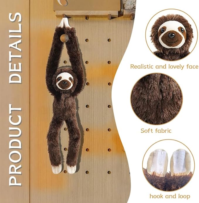 Stuffed Sloth Toy Hanging Stuffed Animal, Three-Toed Sloth Hooks and Stuffed Animals with Rings for Kids, Gifts for Boys and Girls Hanging 20inches