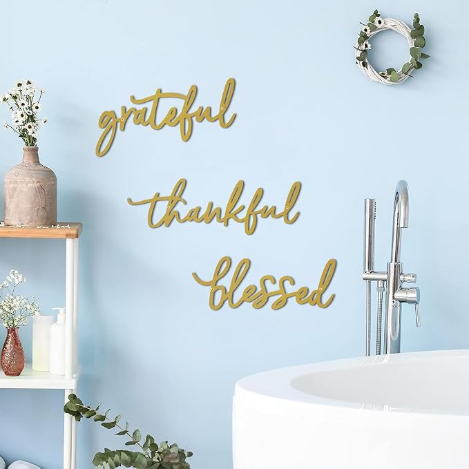 Thankful Grateful Blessed Letter Sign Metal Wall Decor, 3 Piece Gold Letters Wall Art for Bathroom Bedroom Metal Words Wall Decor for Home Decor (Gold)
