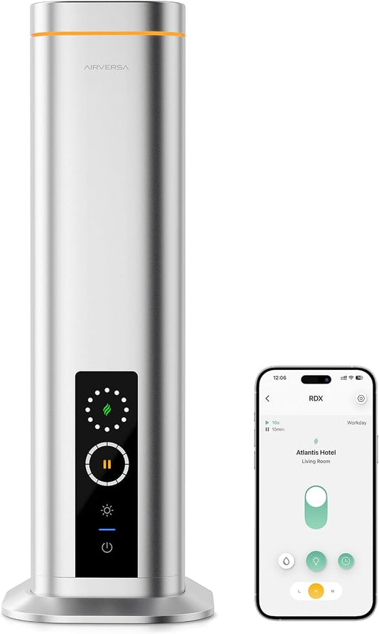 Airversa Waterless Diffuser, Smart Tower Diffuser with App Control, Cold Air Scent Diffuser Oil Machine for Homes Offices Hotels, 300mL Capacity, Up to1500 sq ft, DC-12V/1A Plug, RDX Silver