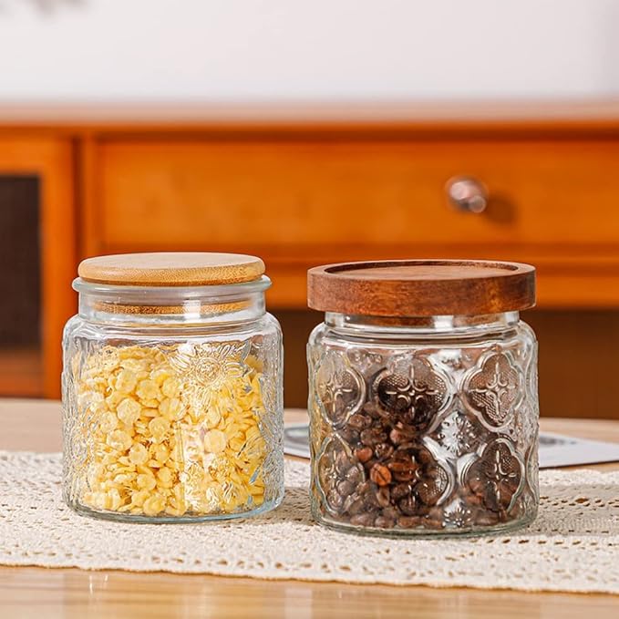 Set of 4 Vintage Glass Airtight Storage Jars, 17 FL OZ Glass Storage Containers with Bamboo Lids, Canning Jar for Kitchen Counter, Pantry, Cookie, Coffee, Tea, Sugar, Cute Jars | Glass Food Storage Containers for Coffee, Tea, Sugar, Candy, Cookie, Over...