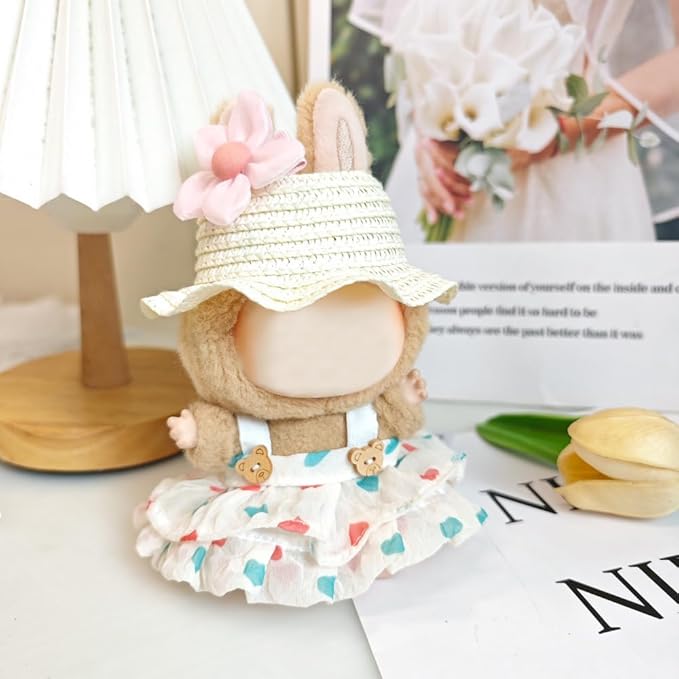 One Set Kawaii Doll Clothes for 17cm Plush Dolls -Floral Collection Dress + Hat + Bag + Hair Clip Fits 6.7 Inch Mini Dolls (No Doll No Glasses)