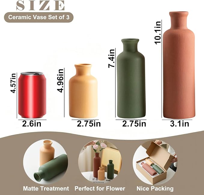 Modern Ceramic Vase Set of 3, Neutral Colors, Decorative Bottles for Home, Farmhouse Rustic Decor, Housewarming Gifts, Wedding Gifts, Bridal Shower Gifts, Birthday Gifts for Women (Green Mix)