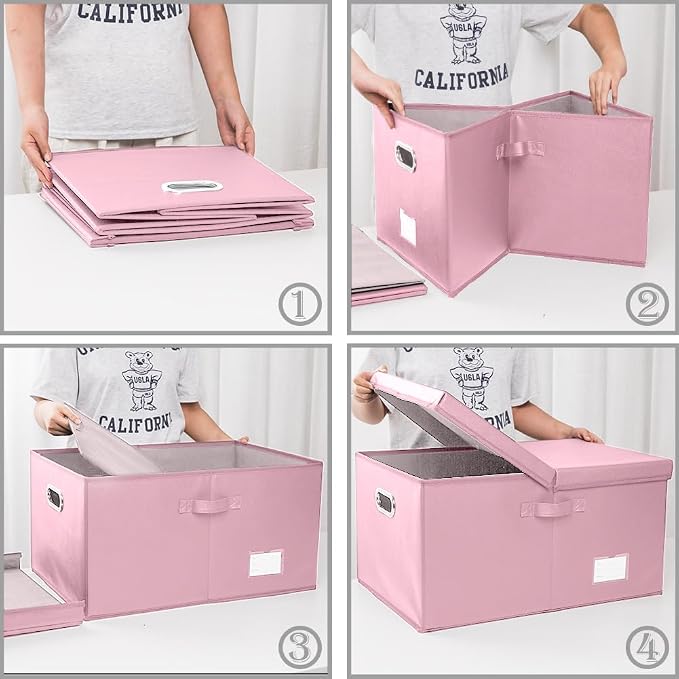Collapsible Storage Box with Lid [3-Pack] Leather Fabric Foldable Storage Bin Organizer Container Basket Cube with Cover for Home Bedroom Closet Office Nursery Pink(22.8X15.7X11.8)