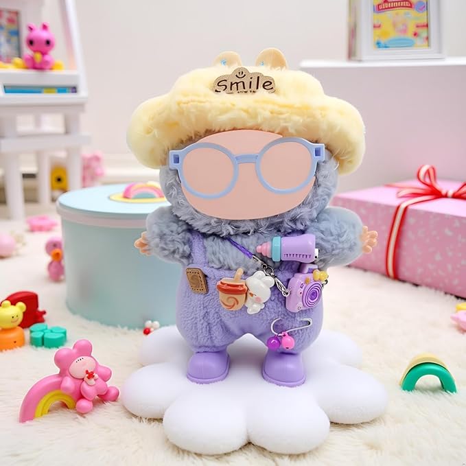 Doll Clothes Outfit and Accessories Suitable for 17cm Dolls, 5 Piece Set Romper Hat Camera Backpack Glasses Shoes (No Doll) Purple
