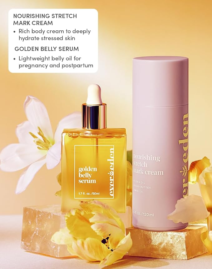 Evereden Mama Must-Have DUO - Golden Belly Stretch Mark Oil & Nourishing Stretch Mark Cream - Dermatologist-Developed Clean & Vegan Maternity Skin Care for Stretch Mark Reduction & Skin Hydration