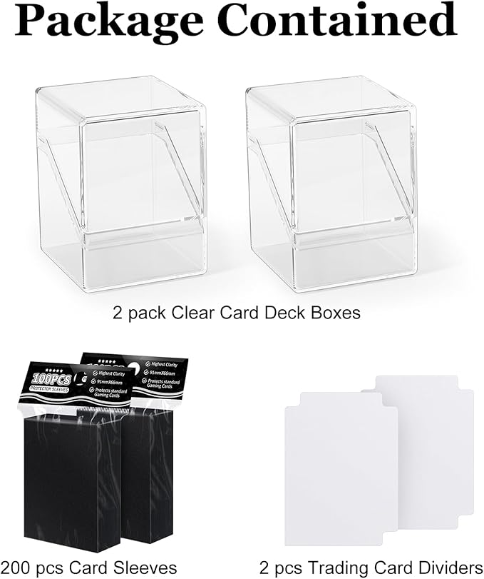 YSCare 2 Pack Card Deck Boxes, Deck Case and 200Pcs Card Sleeves with Dividers, Standard Clear Commander Storage Box Fit for MTG, Sport, Trading Cards Cards (Black)