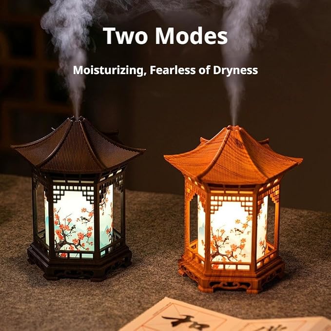 Zen Pavilion Lantern Aroma Diffuser & Night Light,2-in-1 160ml Essential Oil Diffuser with 2 Mist Modes,Zen Garden Humidifier Chinese-Style Decorative Night Light for Yoga, Meditation (Wood Color)