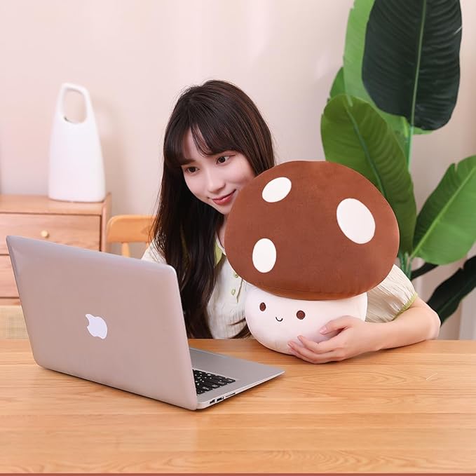 Cute Mushroom Plush Toy, Brown Mushroom Plush Pillow 3D Soft Mushroom Plushie, Mushroom Hugging Plush Pillow Gift for Girls Kids Home Mushroom Decor Christmas Birthday 35cm