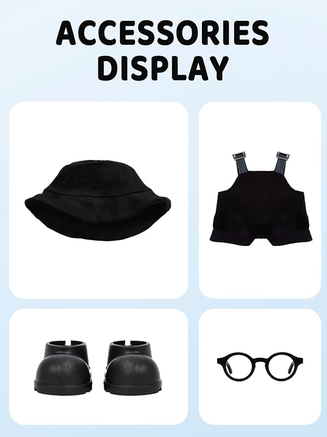 2PCS Doll Clothes Set for 17cm Dolls – Stylish Outfit with 2 Hat, 2 Overalls, 2 Shoes & 2 Glasses of Clothes Designer, Cute Clothes for Dress up Unique Style (Black+Brown) (Doll Not Included)