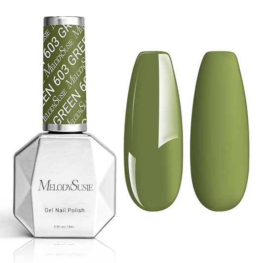 MelodySusie Green Gel Nail Polish,15ml Olive Green Nail Polish Spring Summer Color 603, Soak Off UV LED Nail Lamp Gel Polish Nail Art Starter Manicure Salon DIY At Home 0.5 Fl Oz