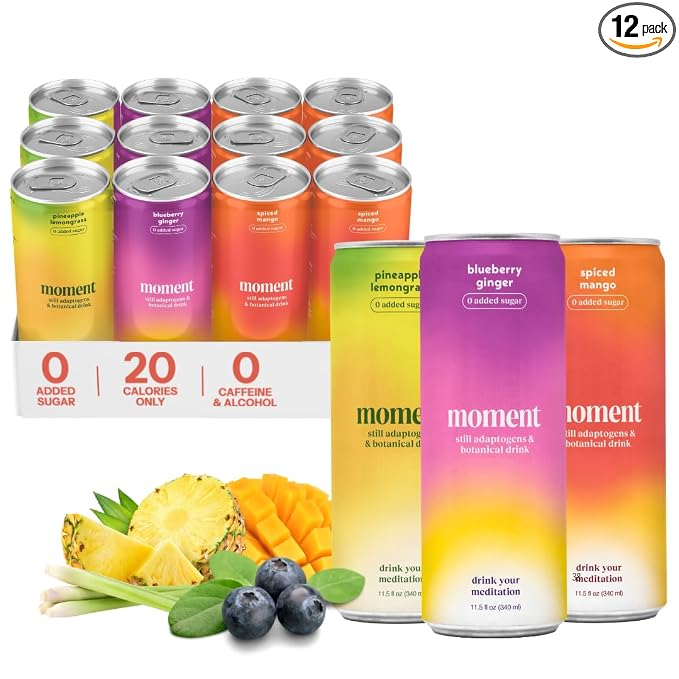 Moment Adaptogen Drink (Shark Tank) - Non Carbonated Botanical Tea - Calm, Clarity & Relaxation with L-Theanine & Ashwagandha - Non Alcoholic Drinks - 0 Sugar 0 Caffeine - 12 Pack 11.5 fl oz