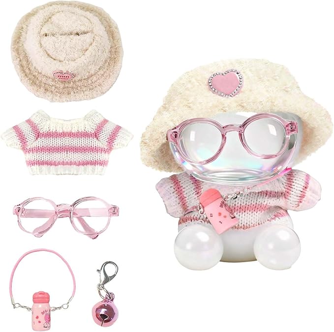Clothes for 17cm Doll (NO Dolls) - The Set Includes 5 Accessories, Including a Heart-Shaped Velvet hat, Glasses, a Handmade Sweater, a Kettle Pendant and a Bell.Suitable for a 6.7inch Doll