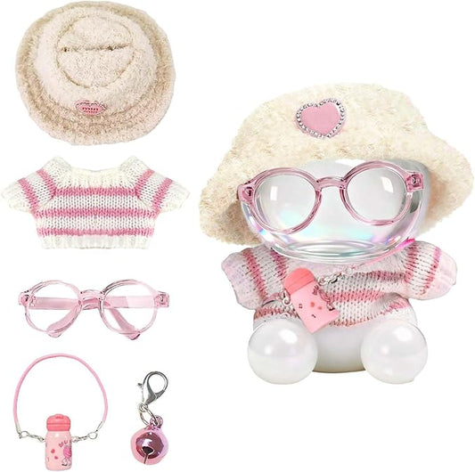 Clothes for 17cm Doll (NO Dolls) - The Set Includes 5 Accessories, Including a Heart-Shaped Velvet hat, Glasses, a Handmade Sweater, a Kettle Pendant and a Bell.Suitable for a 6.7inch Doll