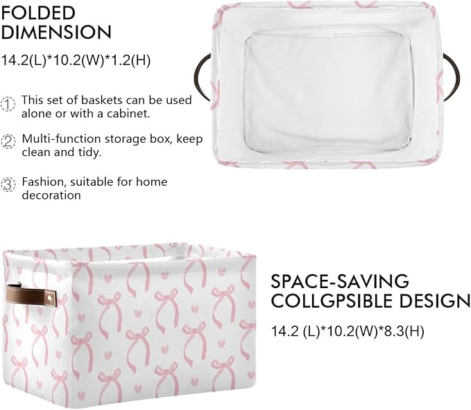 Aslsiy Storage Basket Cute Coquette Pink Bow Nursery Bins White Baby Box Canvas Clothes Shelf Basket Laundry Hamper 2 Pcs