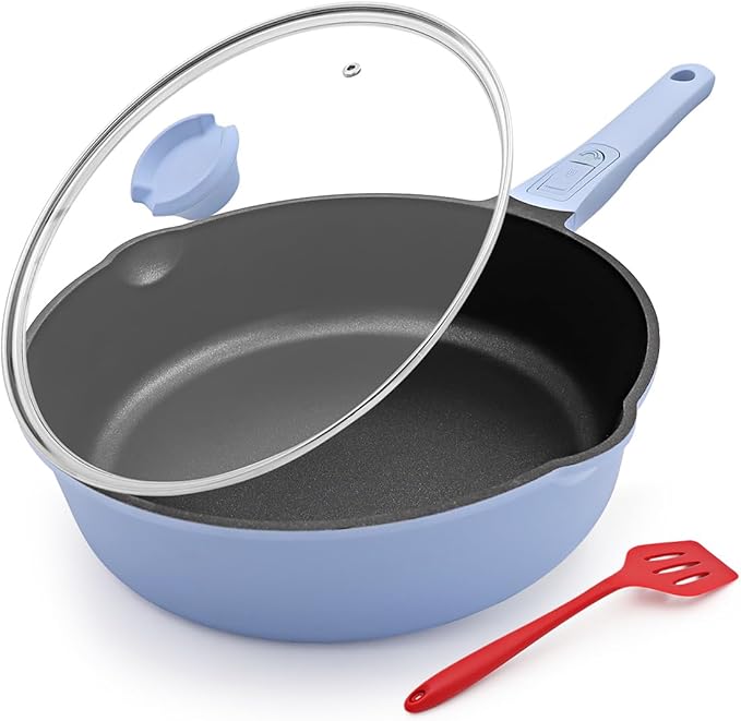 Non Stick Frying Pan Skillet with Lid, 12 Inch Nonstick Deep Frying Pan, 5 QT Saute Pan with Detachable Handle, Compatible with All Stoves, Induction Ready, Oven Safe, PTFE & PFAS-Free, Blue