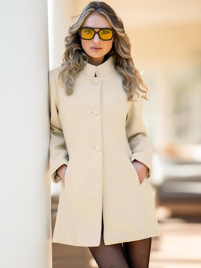 Allegra K Women's Winter Overcoat Mid-Long Stand Collar Single Breasted Coat Outerwear