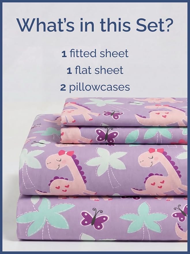 CGK Unlimited Kids Pink Dinos Queen 4 Piece Sheet Set - Boys, Girls, Teens, Toddler - Easy Fit Deep Pockets - Soft, Cooling & Breathable Sheets - Cute, Cozy, Fade and Wrinkle Free - Machine Washable
