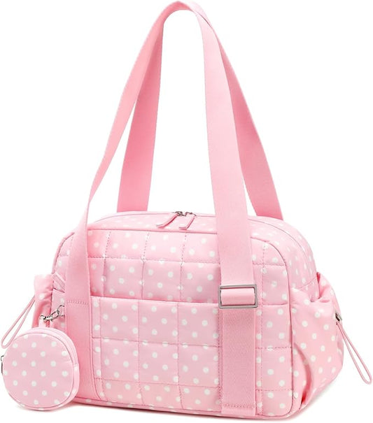 CAMTOP Mini Gym Bag for Women, Small Gym Tote Bag Puffy Quilted Sports Duffel Bag with Wet Compartment and Coin Purse Duffel Bags Dance Yoga Workout Bag for Gifts (Polka Dot Pink, Mini-12.6")