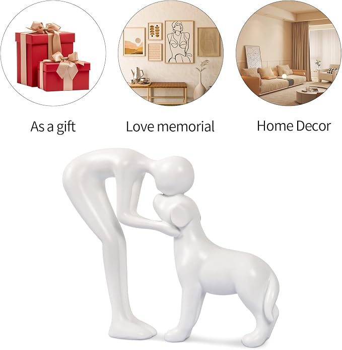Abstract Person and Dog Sculpture Head-to-Head Figurine White | abstract sculpture celebrating the bond between person and pet. Intimate head-to-head Touching memory keepsake for dog lovers