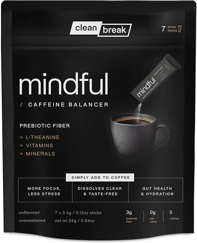 Mindful Tasteless Prebiotic Fiber for Your Coffee - Enhanced with L-Theanine, Magnesium, B Vitamins - Dissolves Clear & Taste-Free - Unflavored, Unsweetened (7 Count)