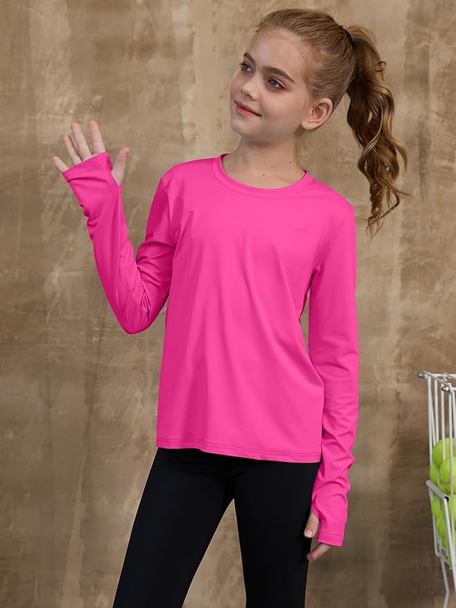ZDC Girls Long Sleeve Athletic Shirts Kids Crewneck Quick Dry Workout Yoga Tops Basic Tees Activewear