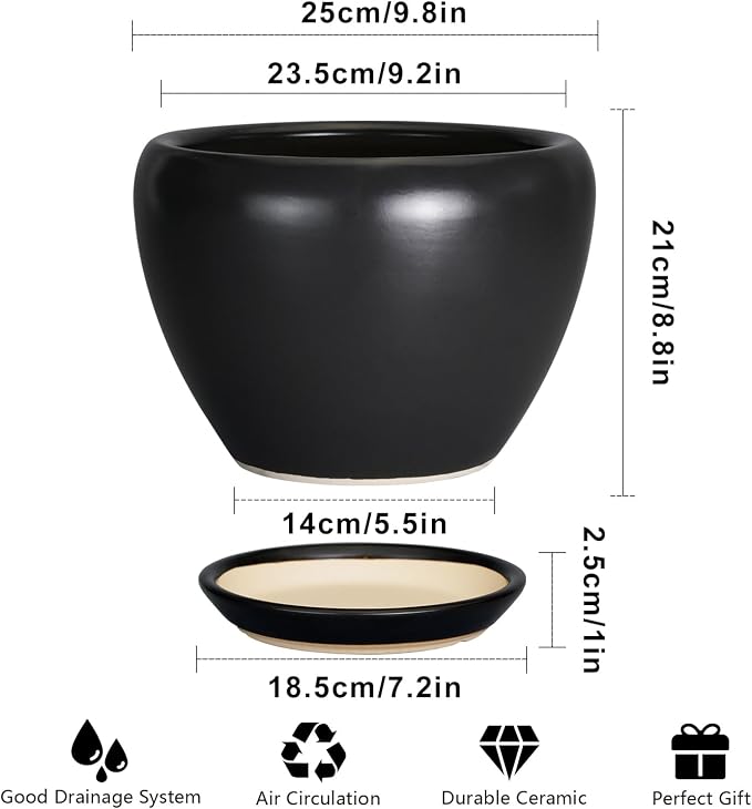 Ceramicfor Ceramic Pot for Plants - 10 Inch Plant Pot Indoor with Drainage Hole and Saucer Large Planter Decorative Planter Modern Outdoor Flower Pot for House Balcony Black
