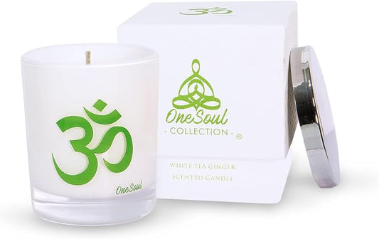 White Tea Ginger Aromatherapy Scented Candles, Luxury Spa Lemony Citrus Yoga Candles for Home Scented with Om Design, Hand-Poured Soy Candles, 50 Hours Burning Time, 7.6 oz. - OneSoul Collection